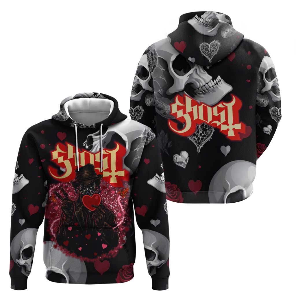 Ghost Valentine Hoodie with Rockets Skull Heart Pattern
