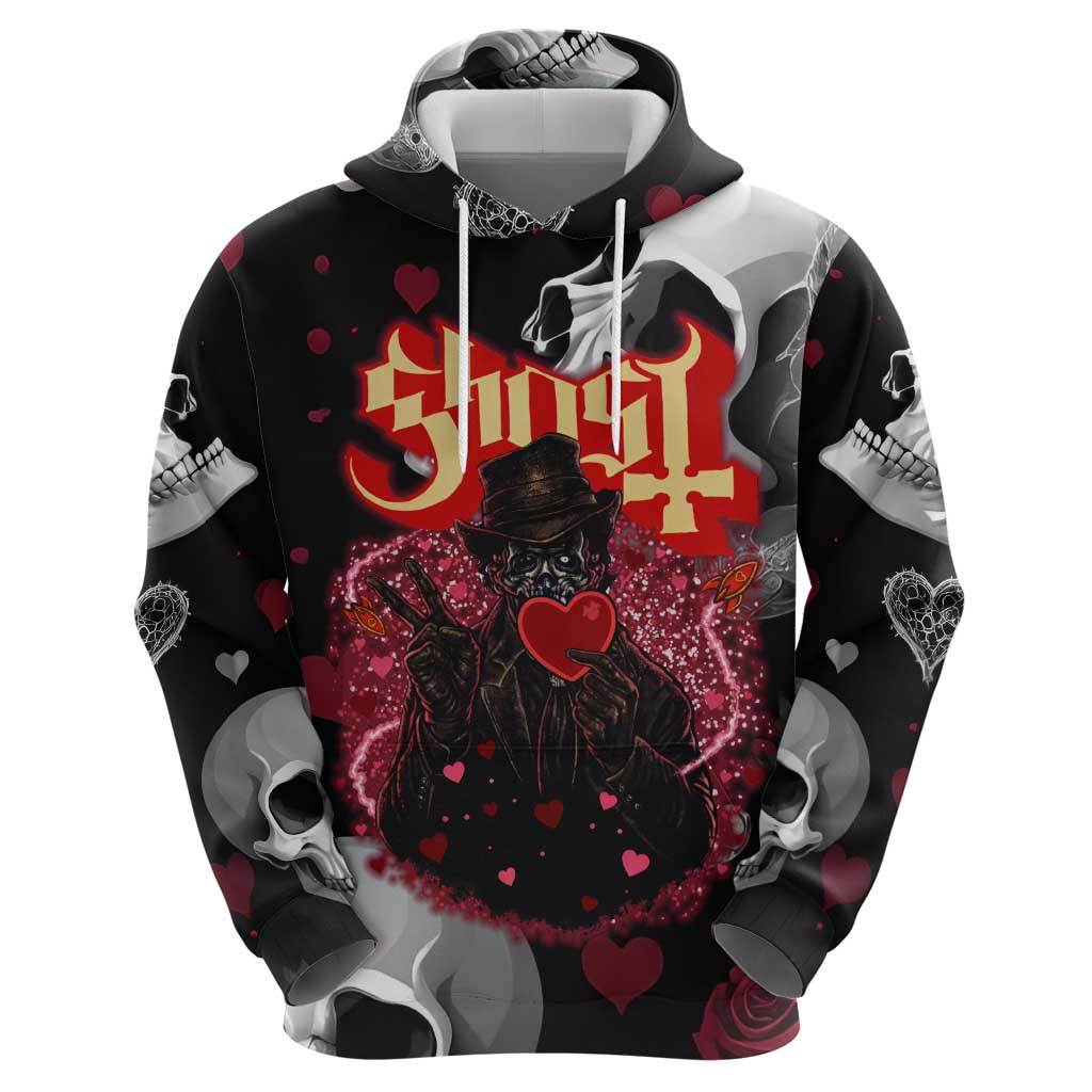 Ghost Valentine Hoodie with Rockets Skull Heart Pattern