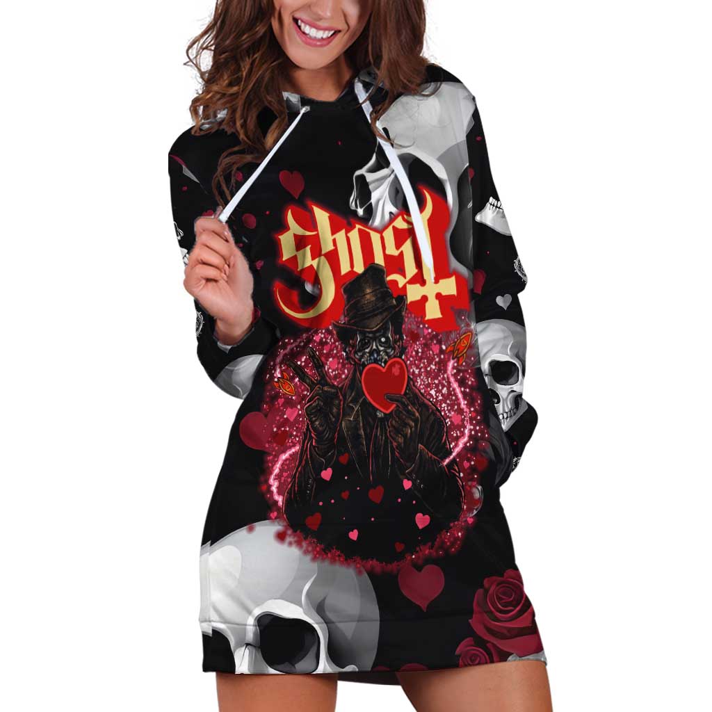 Ghost Valentine Hoodie Dress with Rockets Skull Heart Pattern