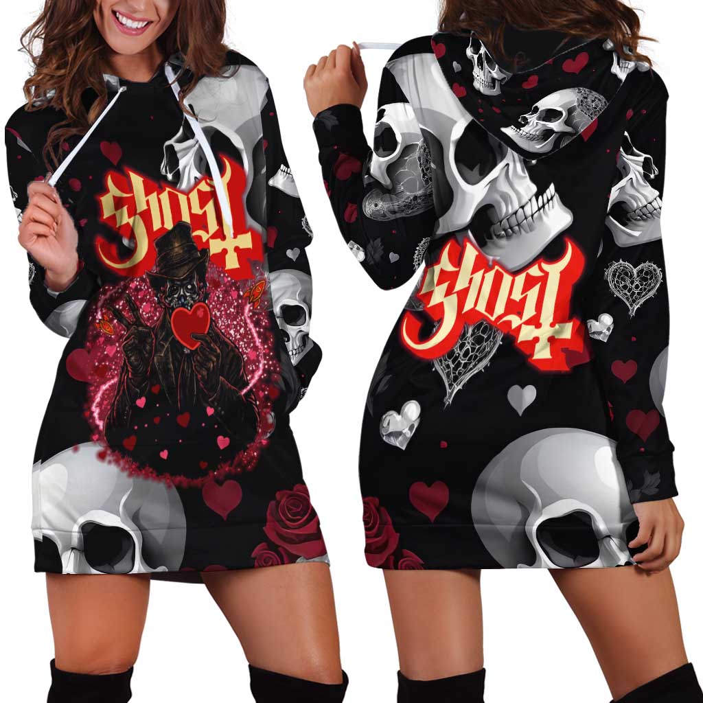 Ghost Valentine Hoodie Dress with Rockets Skull Heart Pattern