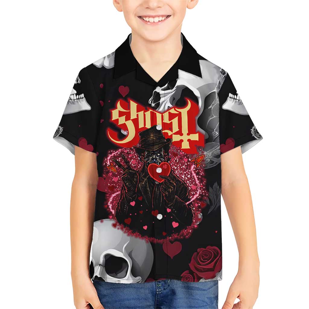 Ghost Valentine Kid Hawaiian Shirt with Rockets Skull Heart Pattern