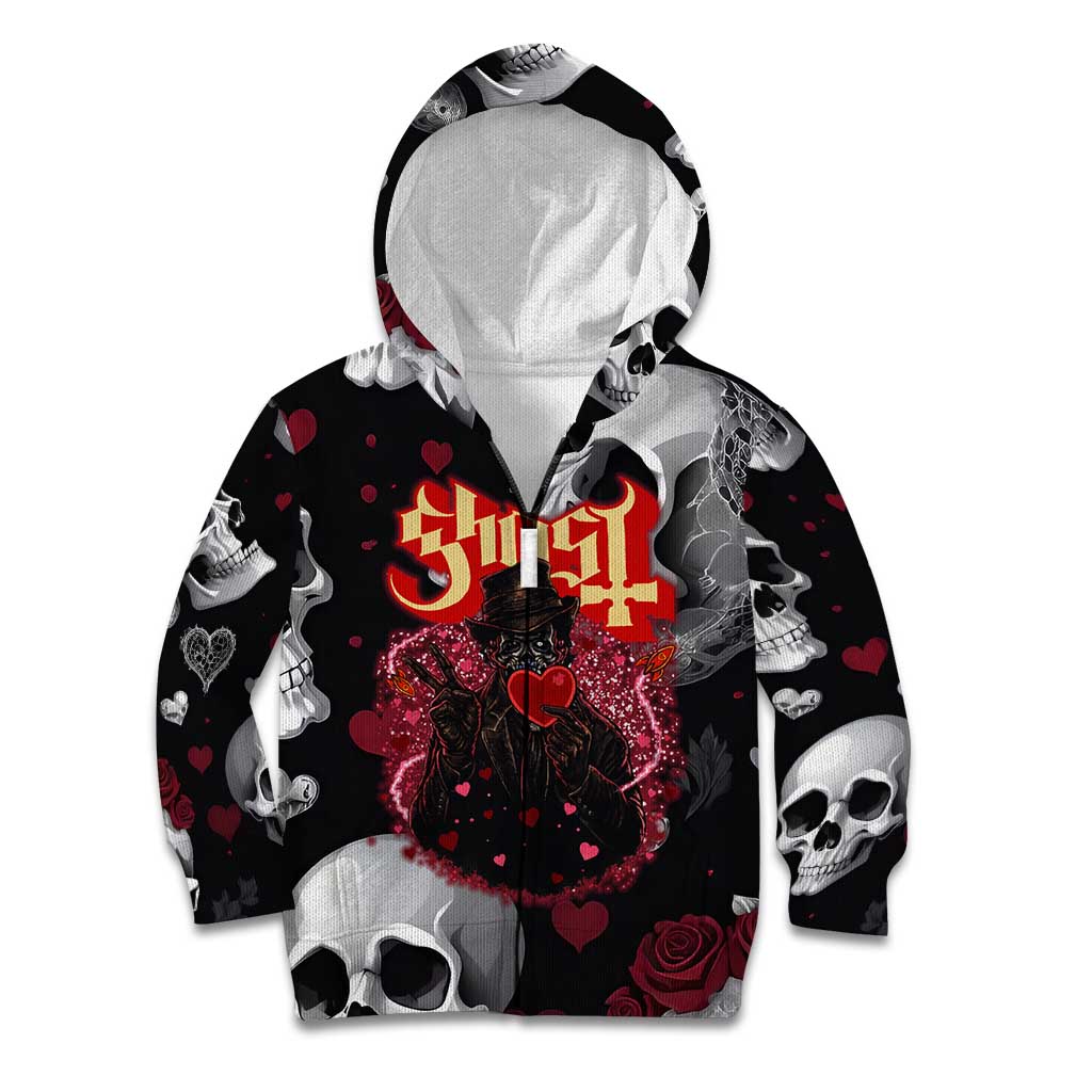 Ghost Valentine Kid Hoodie with Rockets Skull Heart Pattern
