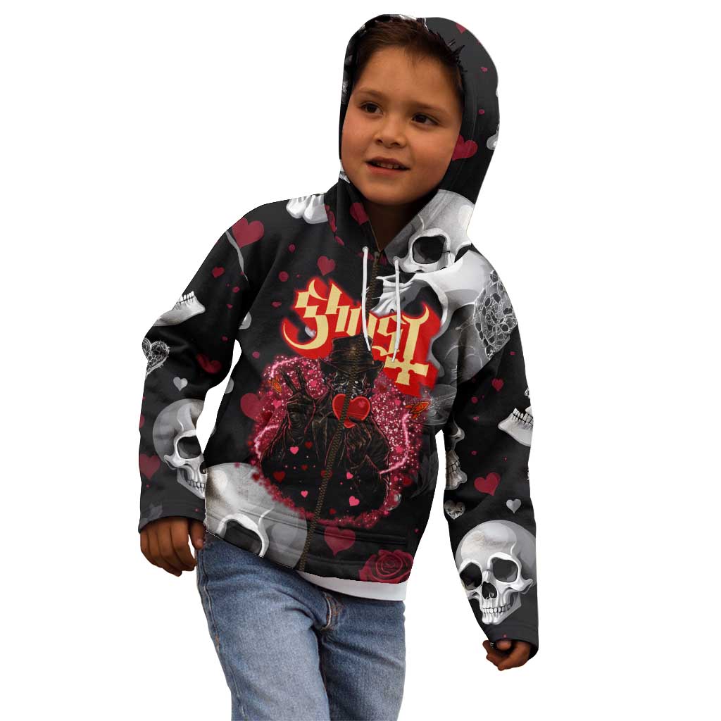 Ghost Valentine Kid Hoodie with Rockets Skull Heart Pattern