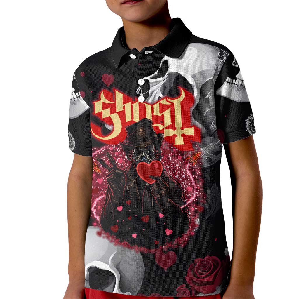 Ghost Valentine Kid Polo Shirt with Rockets Skull Heart Pattern