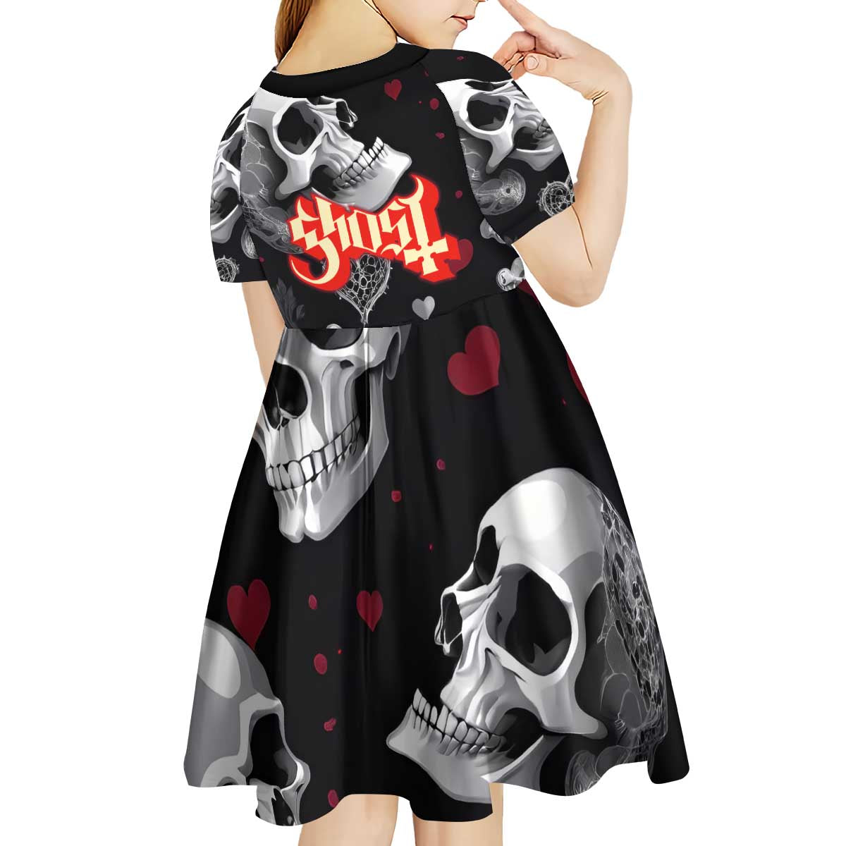 Ghost Valentine Kid Short Sleeve Dress with Rockets Skull Heart Pattern