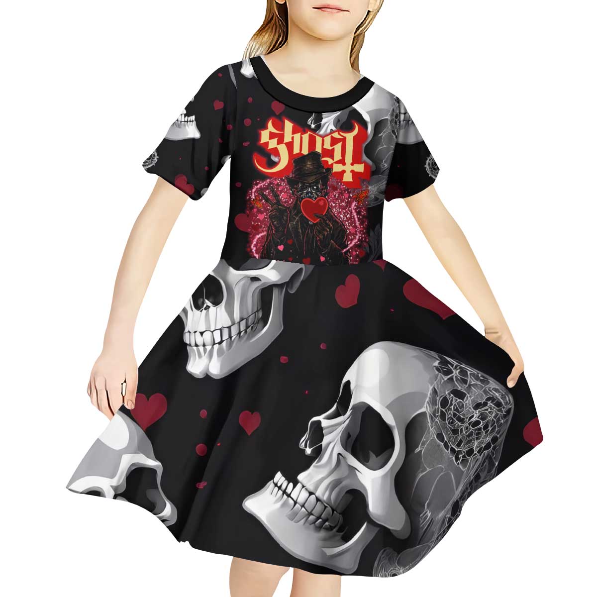 Ghost Valentine Kid Short Sleeve Dress with Rockets Skull Heart Pattern