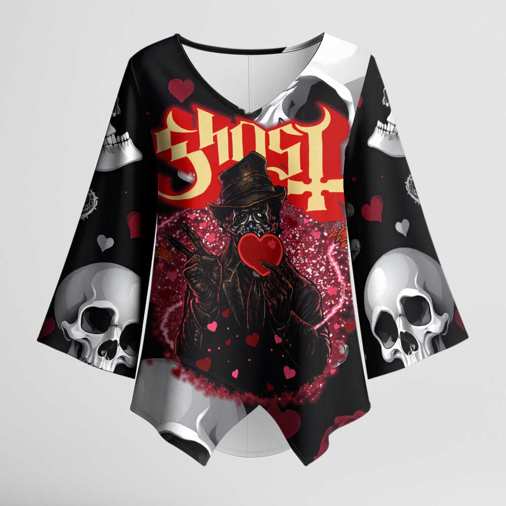 Ghost Valentine Kimono Sleeve Blouse with Rockets Skull Heart Pattern