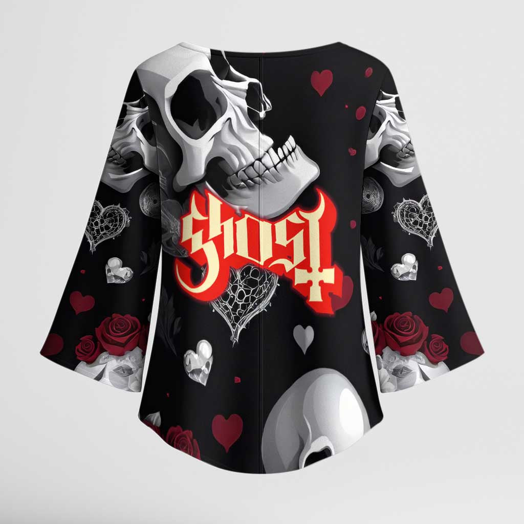 Ghost Valentine Kimono Sleeve Blouse with Rockets Skull Heart Pattern