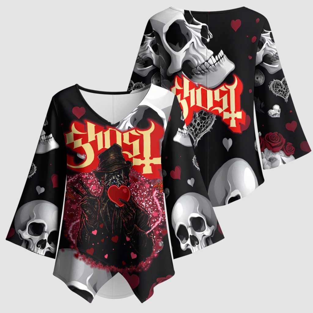 Ghost Valentine Kimono Sleeve Blouse with Rockets Skull Heart Pattern