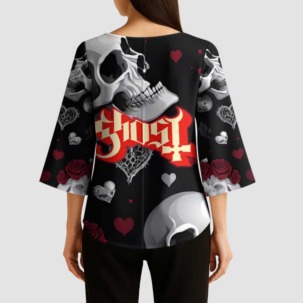 Ghost Valentine Kimono Sleeve Blouse with Rockets Skull Heart Pattern