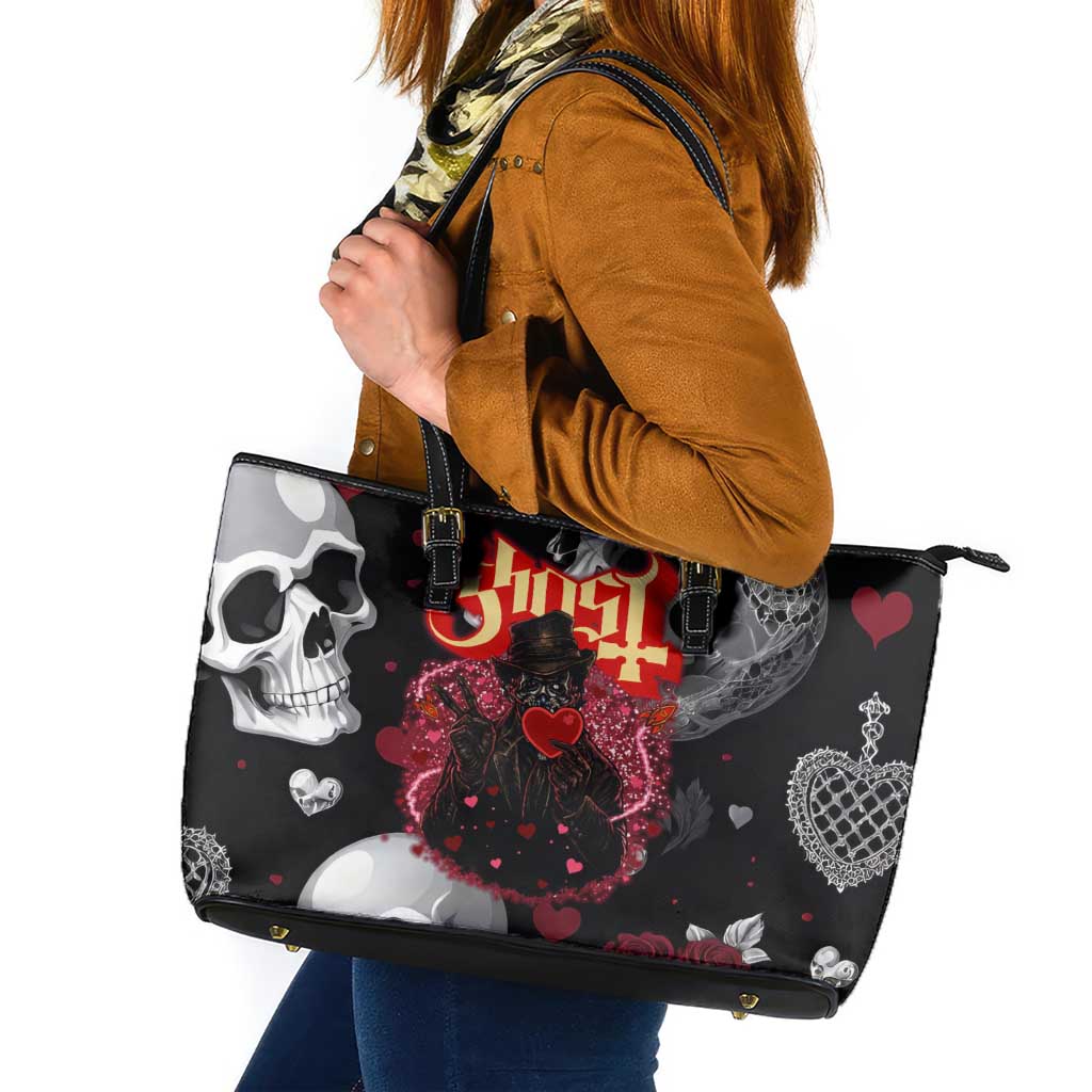 Ghost Valentine Leather Tote Bag with Rockets Skull Heart Pattern