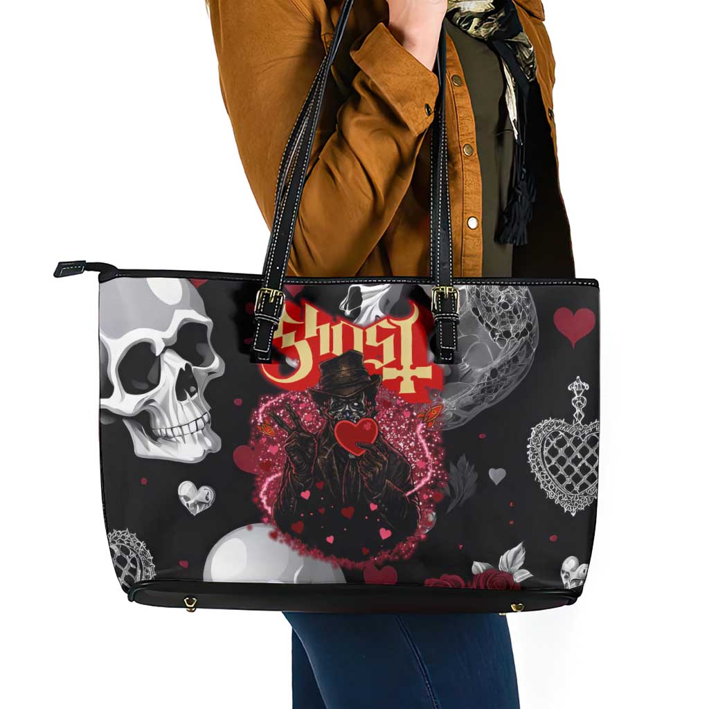 Ghost Valentine Leather Tote Bag with Rockets Skull Heart Pattern