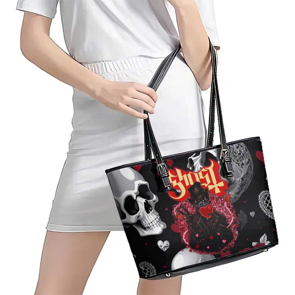 Ghost Valentine Leather Tote Bag with Rockets Skull Heart Pattern
