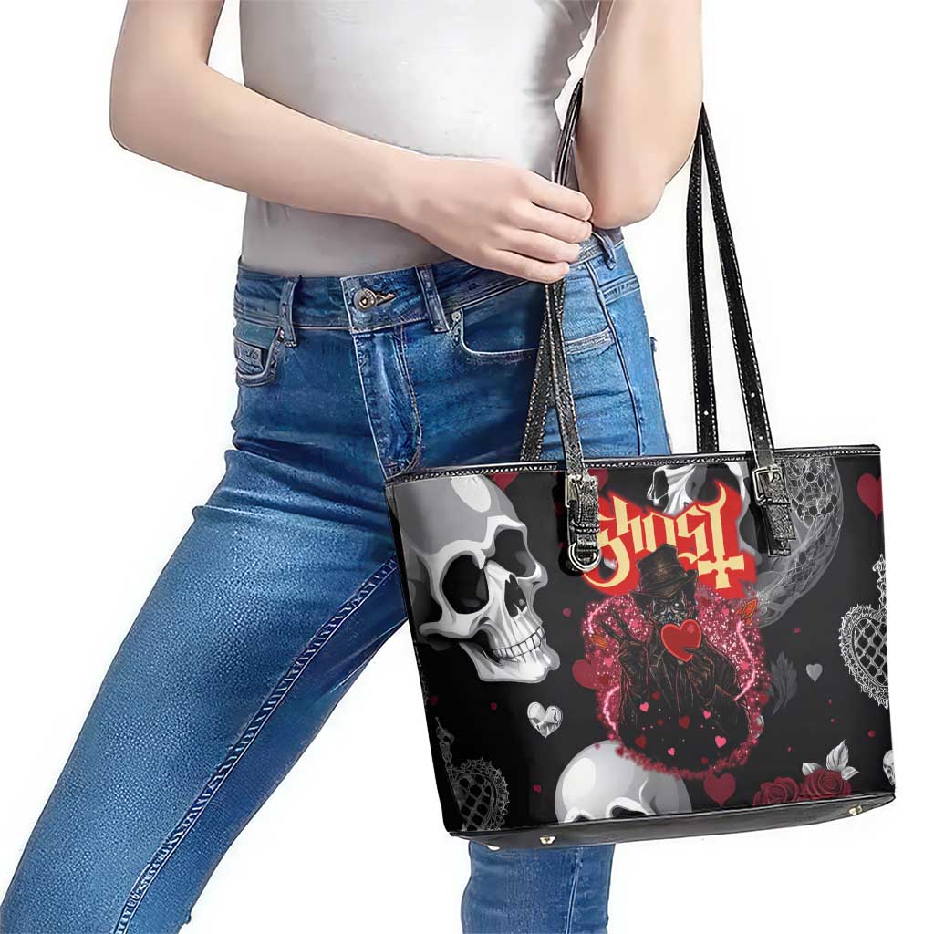 Ghost Valentine Leather Tote Bag with Rockets Skull Heart Pattern