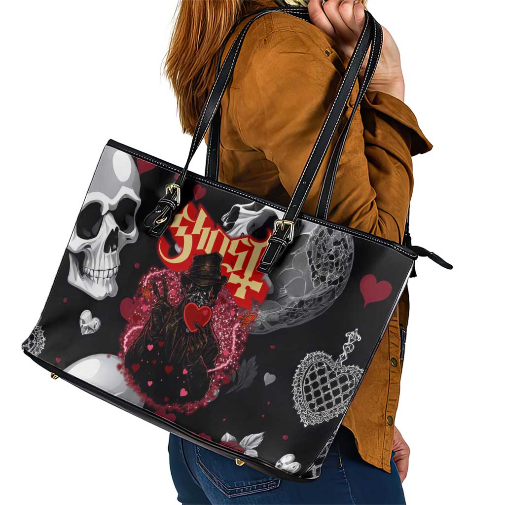 Ghost Valentine Leather Tote Bag with Rockets Skull Heart Pattern