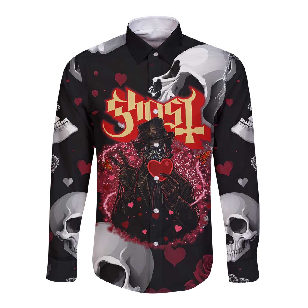 Ghost Valentine Long Sleeve Button Shirt with Rockets Skull Heart Pattern