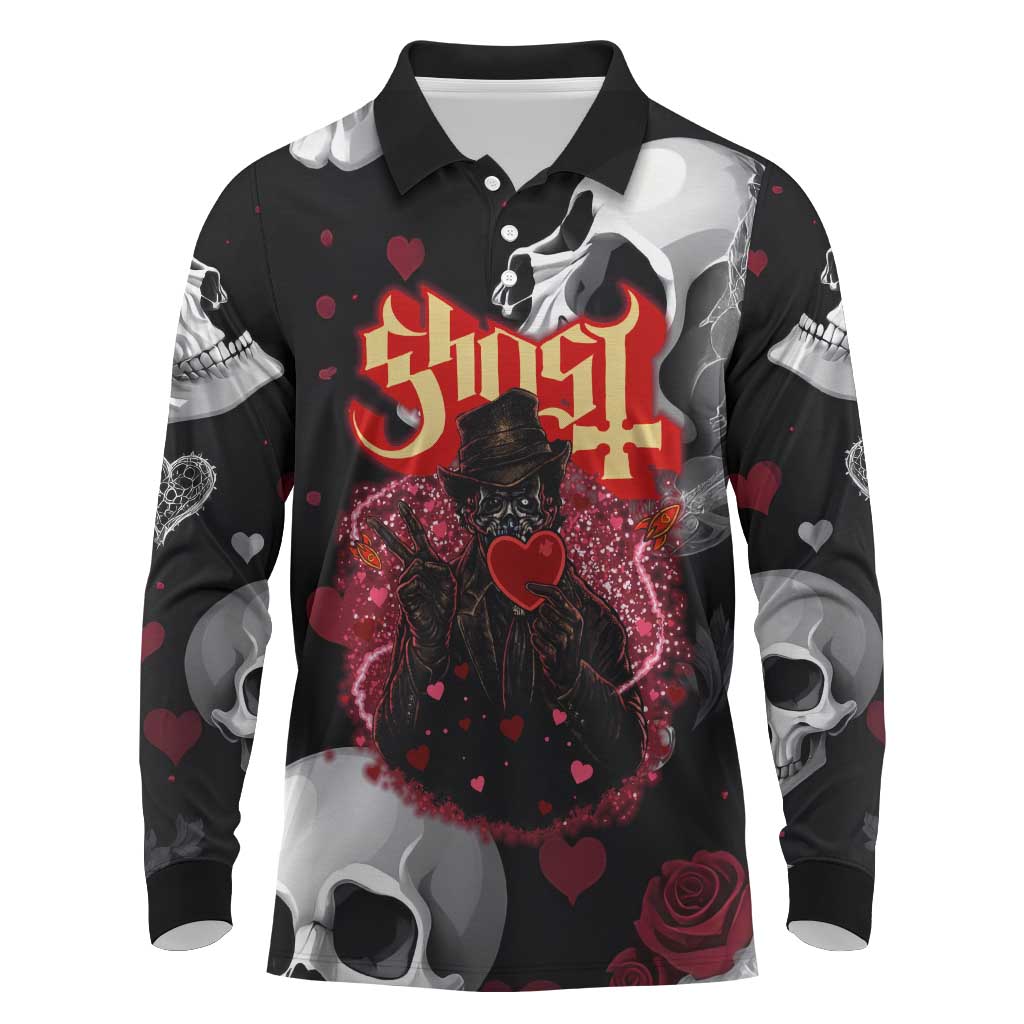 Ghost Valentine Long Sleeve Polo Shirt with Rockets Skull Heart Pattern