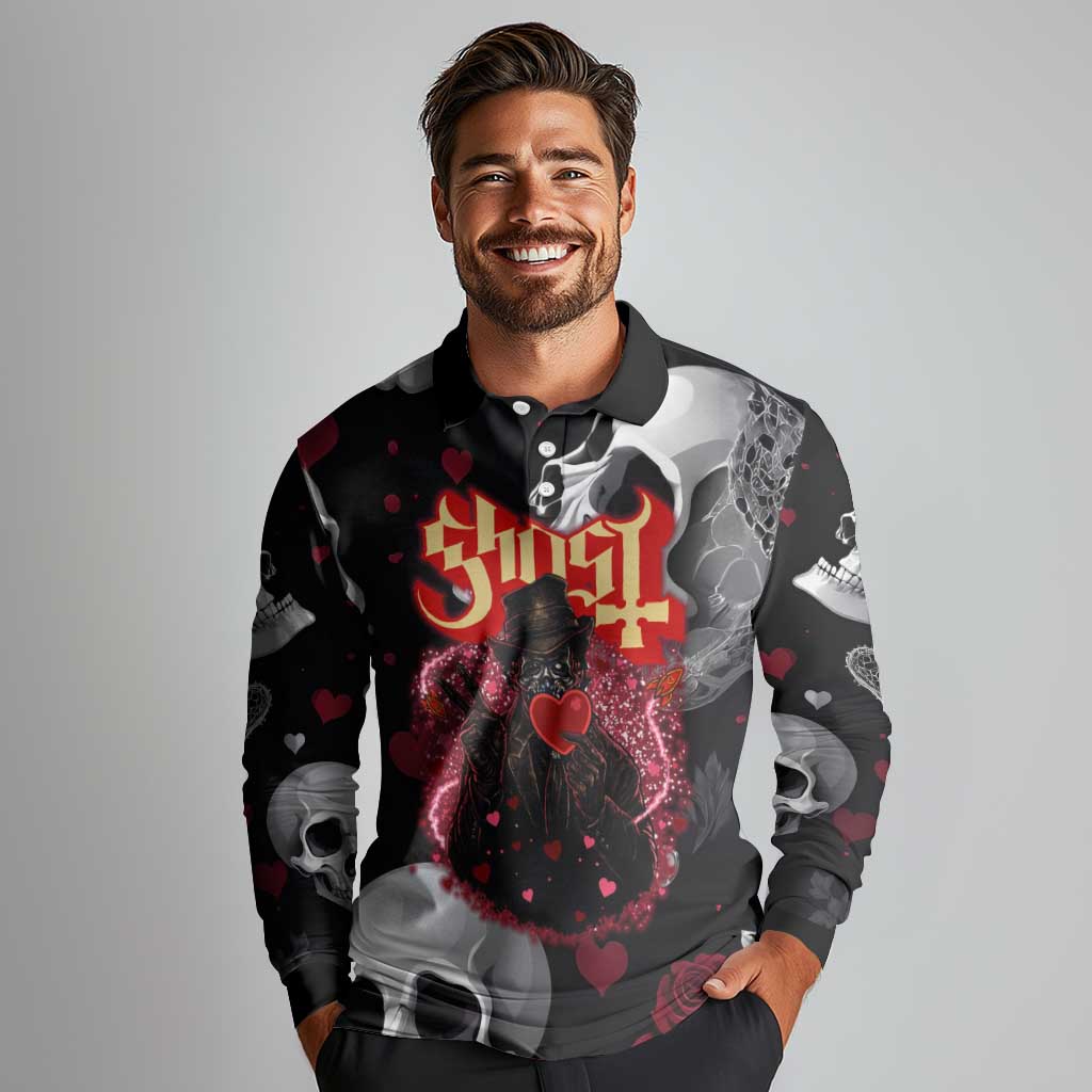 Ghost Valentine Long Sleeve Polo Shirt with Rockets Skull Heart Pattern