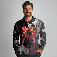 Ghost Valentine Long Sleeve Polo Shirt with Rockets Skull Heart Pattern
