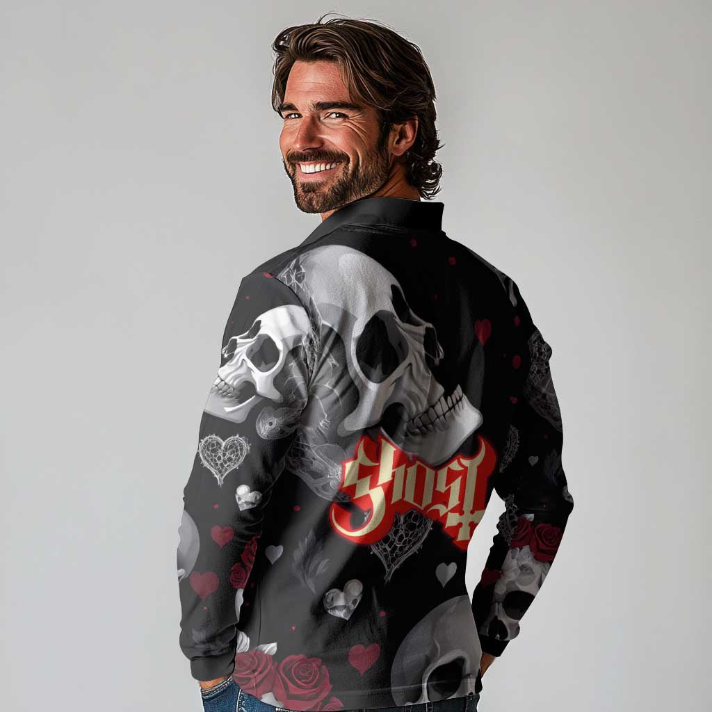 Ghost Valentine Long Sleeve Polo Shirt with Rockets Skull Heart Pattern
