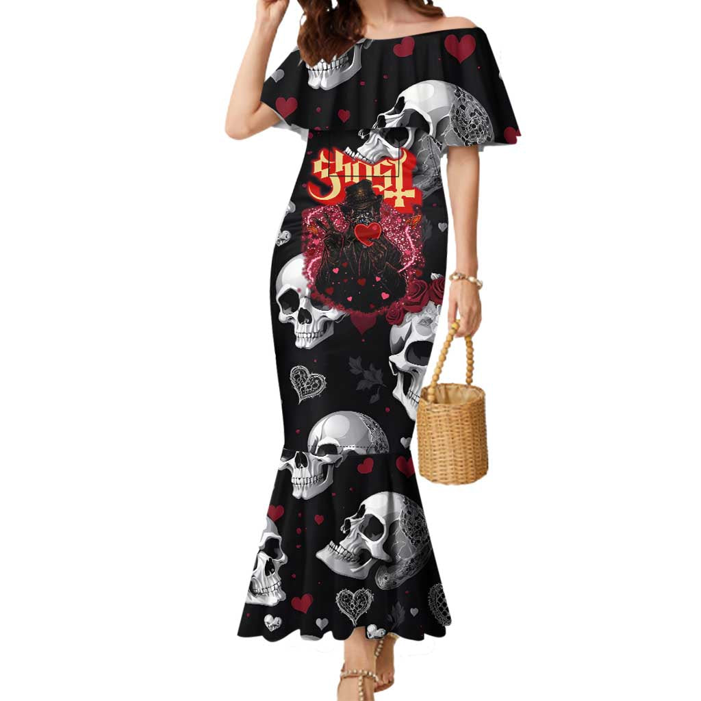 Ghost Valentine Mermaid Dress with Rockets Skull Heart Pattern