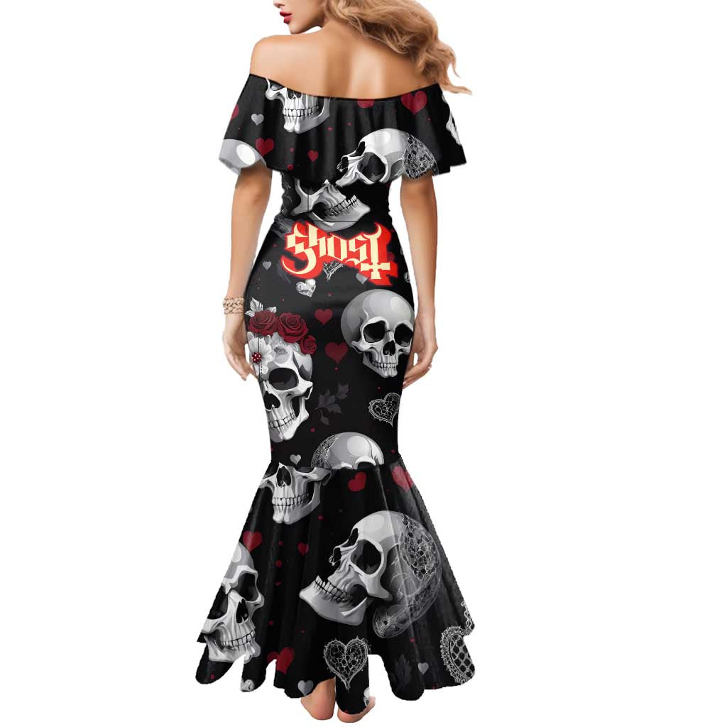 Ghost Valentine Mermaid Dress with Rockets Skull Heart Pattern