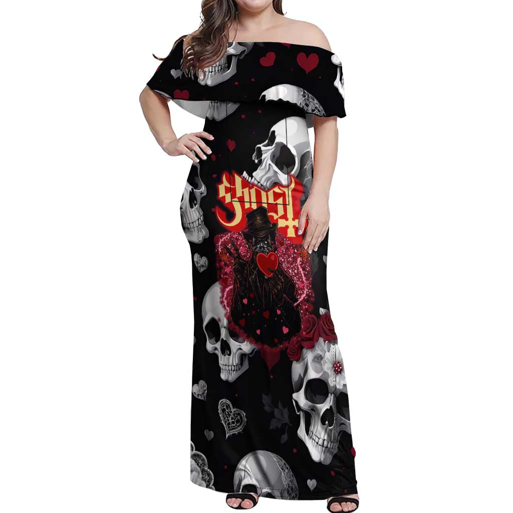 Ghost Valentine Off Shoulder Maxi Dress with Rockets Skull Heart Pattern