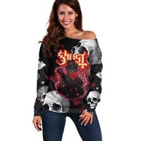 Ghost Valentine Off Shoulder Sweater with Rockets Skull Heart Pattern