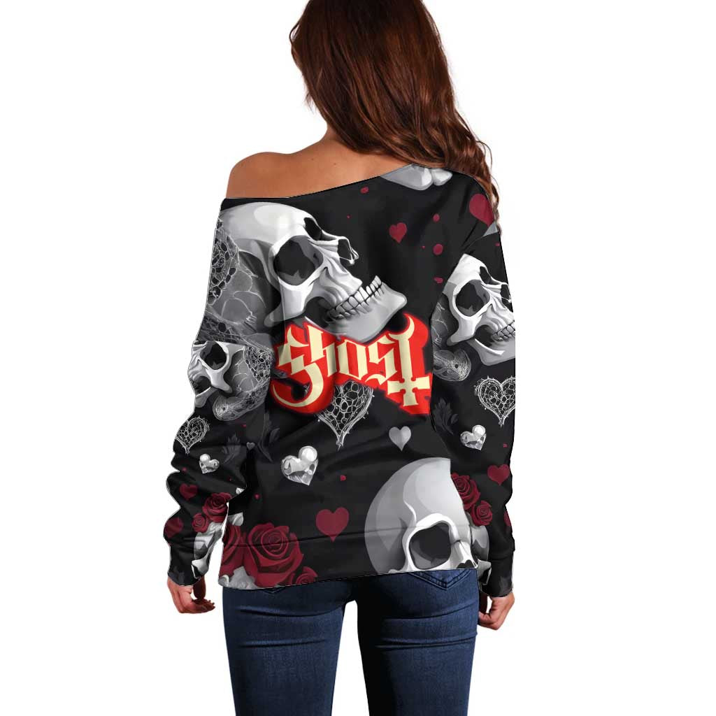 Ghost Valentine Off Shoulder Sweater with Rockets Skull Heart Pattern