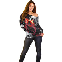Ghost Valentine Off Shoulder Sweater with Rockets Skull Heart Pattern
