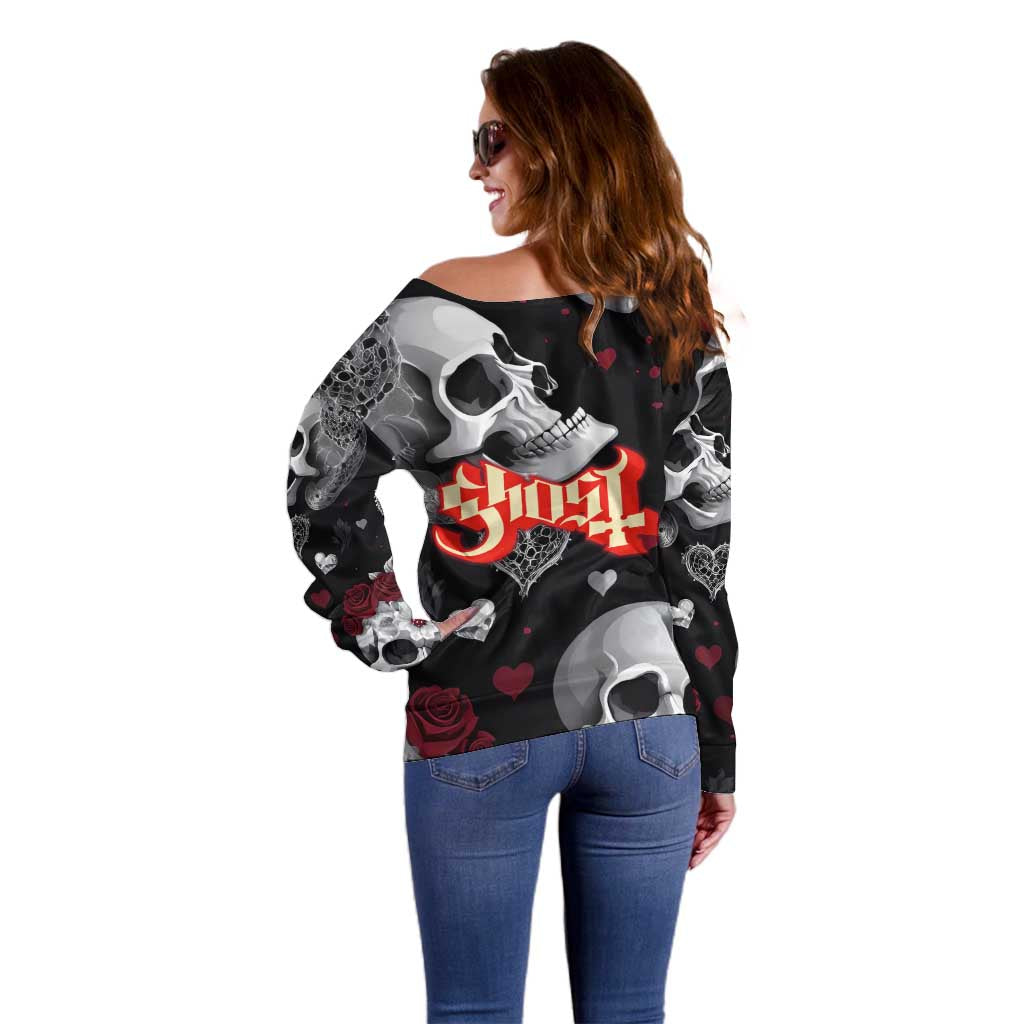 Ghost Valentine Off Shoulder Sweater with Rockets Skull Heart Pattern