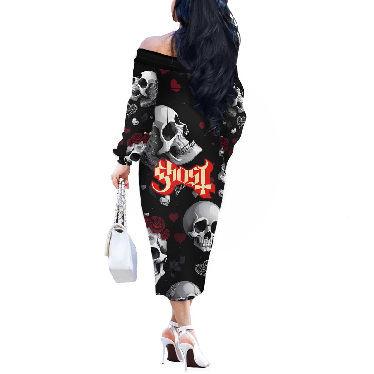 Ghost Valentine Off The Shoulder Long Sleeve Dress with Rockets Skull Heart Pattern