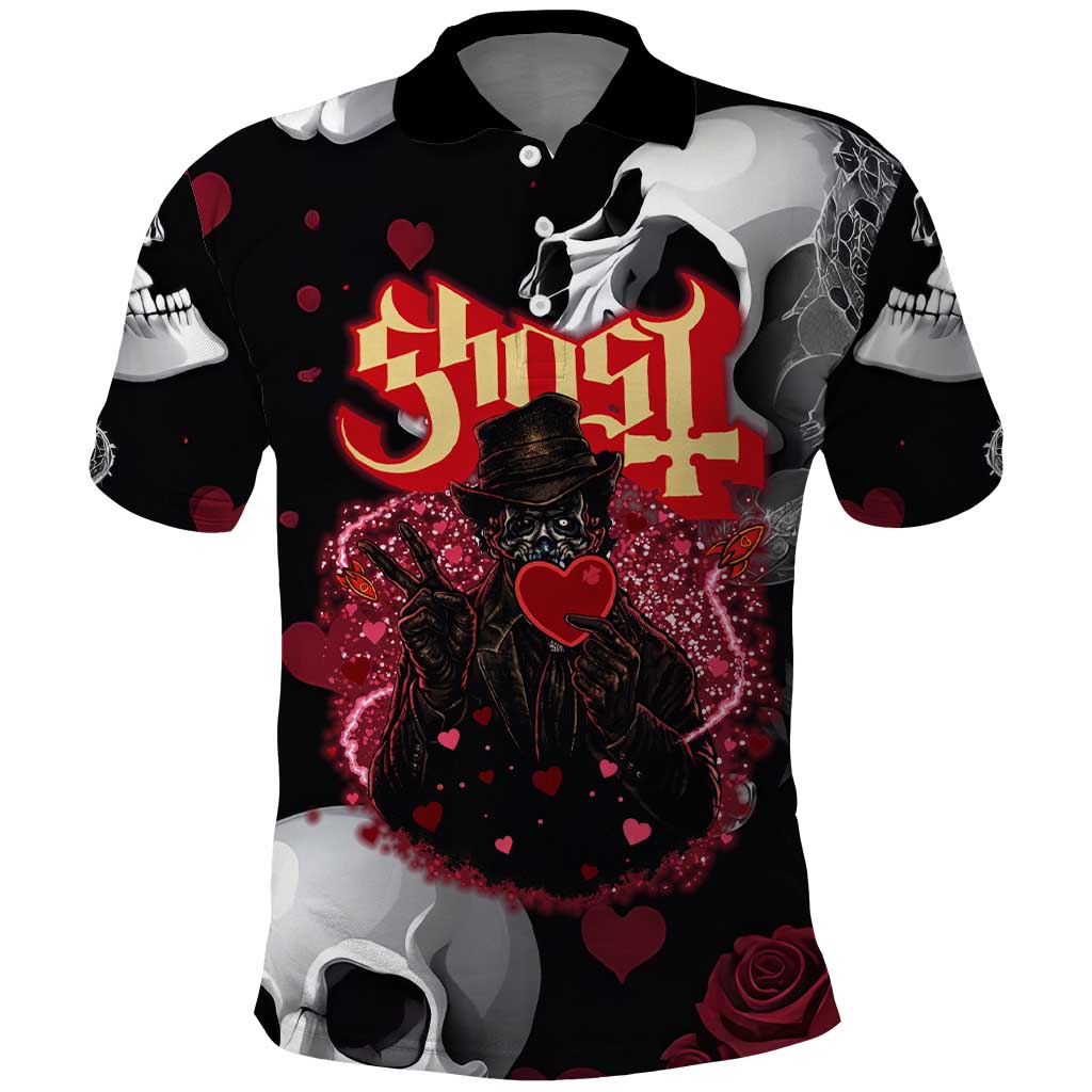 Ghost Valentine Polo Shirt with Rockets Skull Heart Pattern