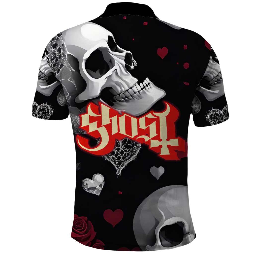 Ghost Valentine Polo Shirt with Rockets Skull Heart Pattern