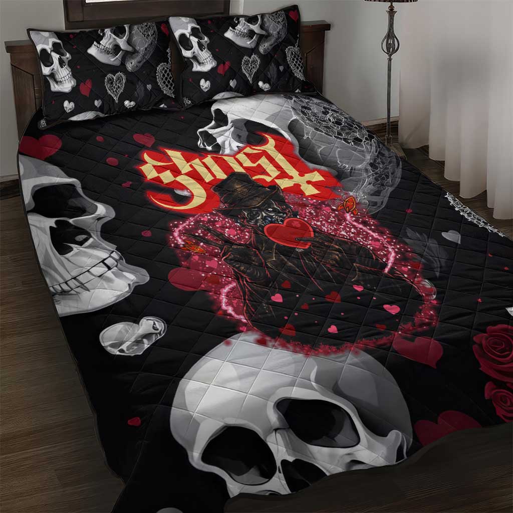 Ghost Valentine Quilt Bed Set with Rockets Skull Heart Pattern