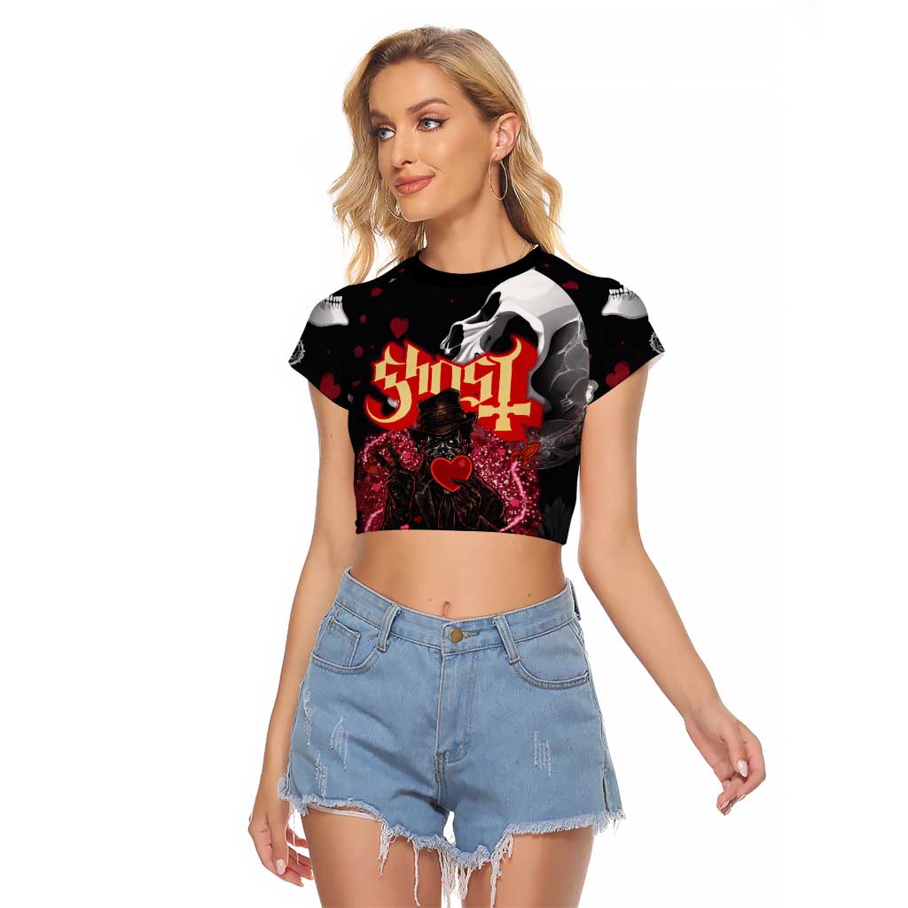 Ghost Valentine Raglan Cropped T Shirt with Rockets Skull Heart Pattern