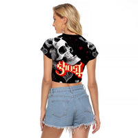 Ghost Valentine Raglan Cropped T Shirt with Rockets Skull Heart Pattern