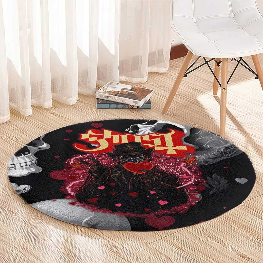 Ghost Valentine Round Carpet with Rockets Skull Heart Pattern