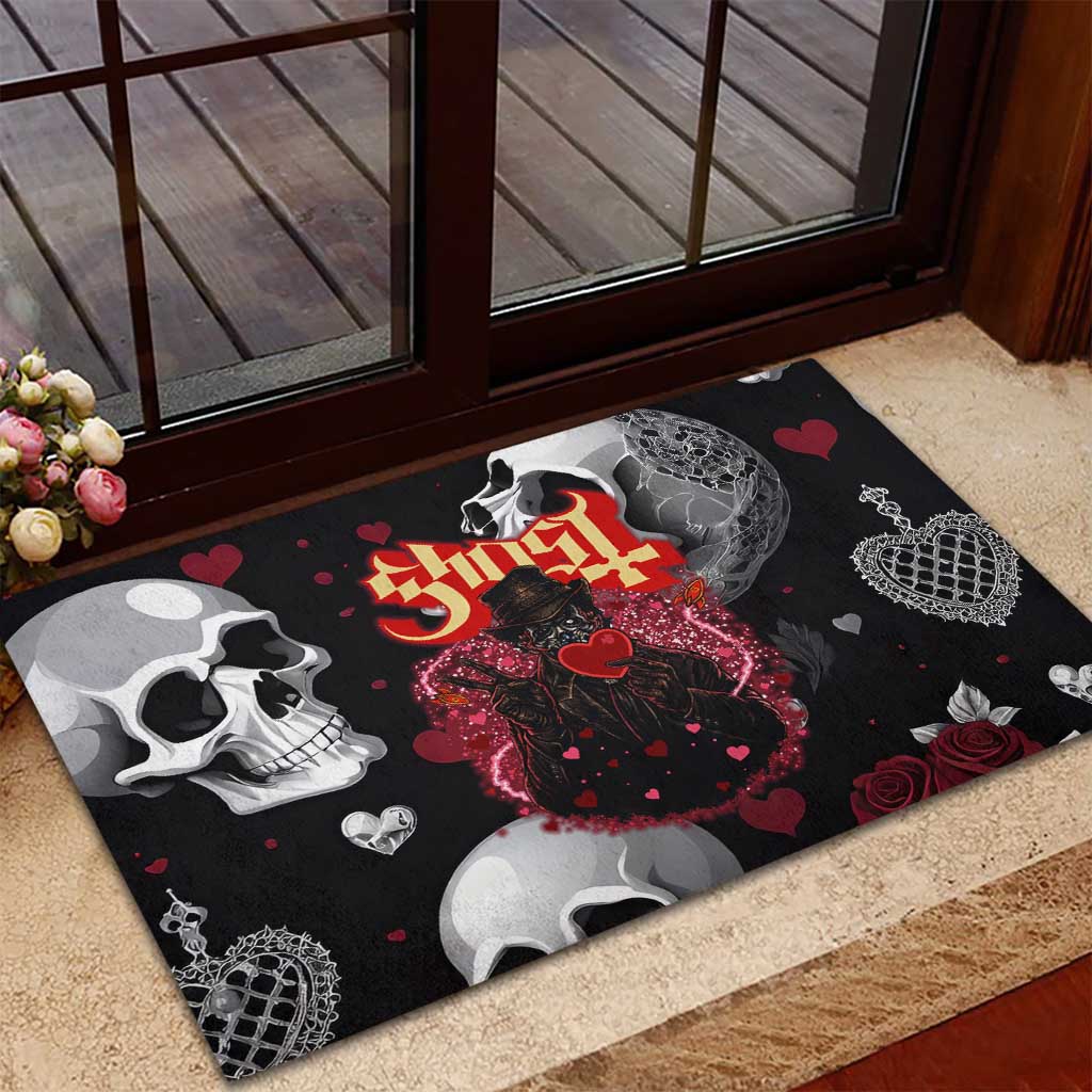 Ghost Valentine Rubber Doormat with Rockets Skull Heart Pattern