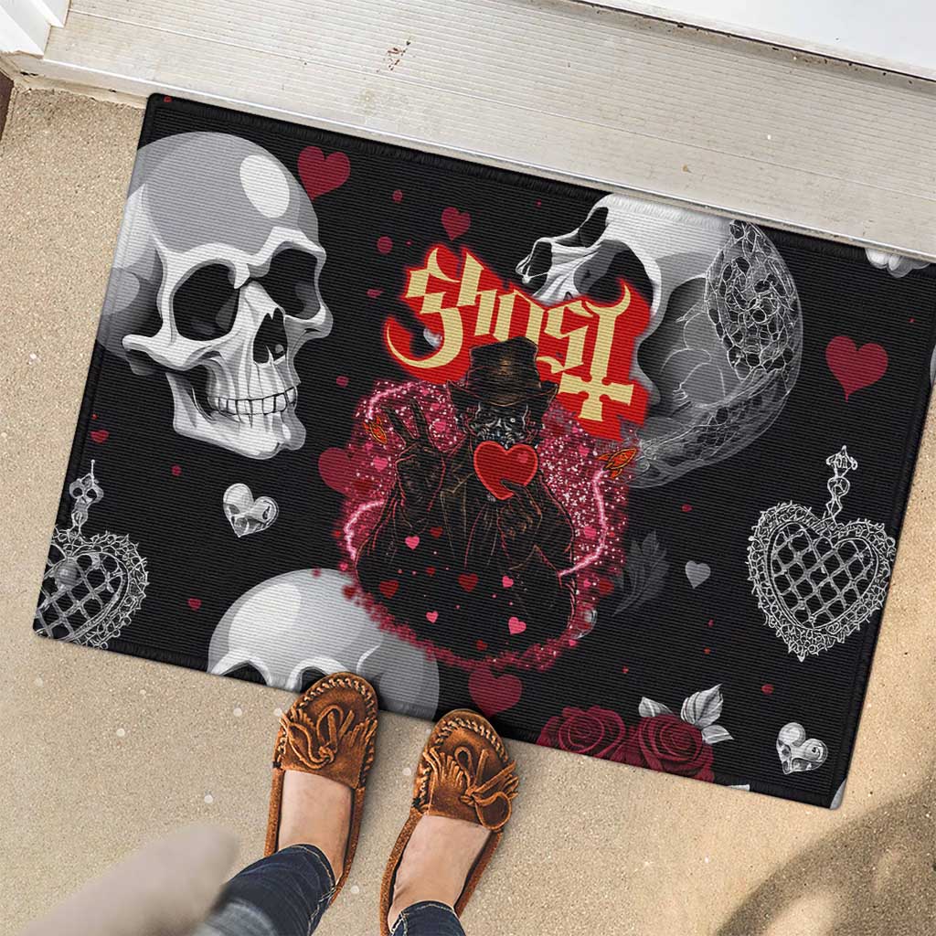 Ghost Valentine Rubber Doormat with Rockets Skull Heart Pattern
