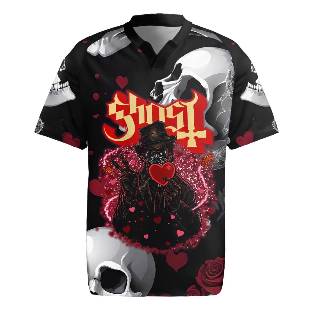 Ghost Valentine Rugby Jersey with Rockets Skull Heart Pattern