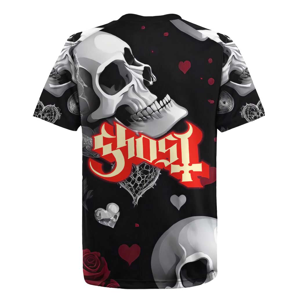 Ghost Valentine Rugby Jersey with Rockets Skull Heart Pattern