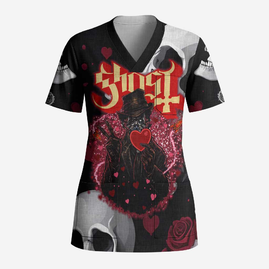 Ghost Valentine Scrub Top with Rockets Skull Heart Pattern