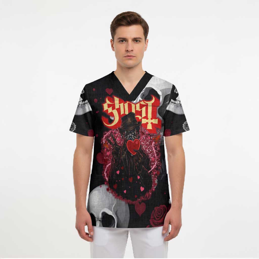 Ghost Valentine Scrub Top with Rockets Skull Heart Pattern