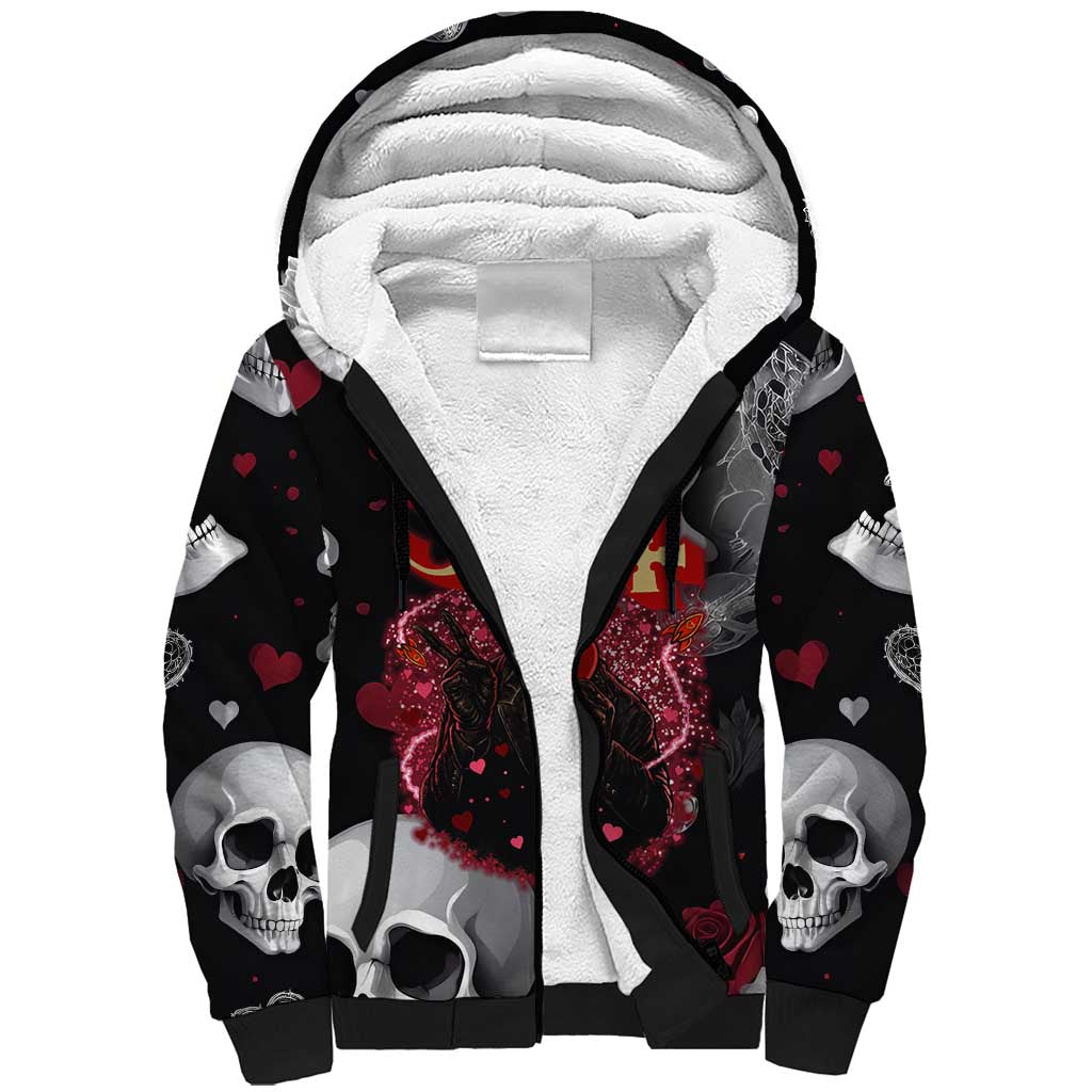 Ghost Valentine Sherpa Hoodie with Rockets Skull Heart Pattern
