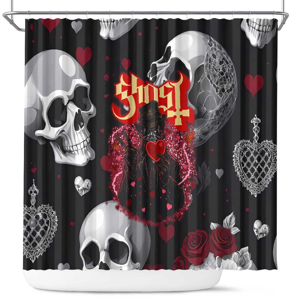 Ghost Valentine Shower Curtain with Rockets Skull Heart Pattern