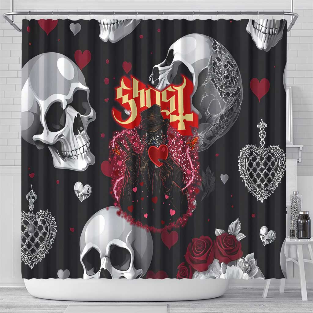 Ghost Valentine Shower Curtain with Rockets Skull Heart Pattern