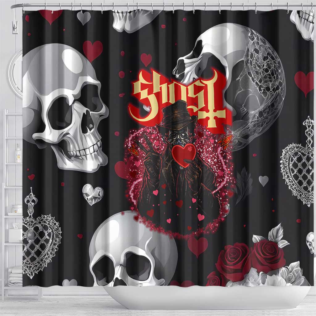 Ghost Valentine Shower Curtain with Rockets Skull Heart Pattern