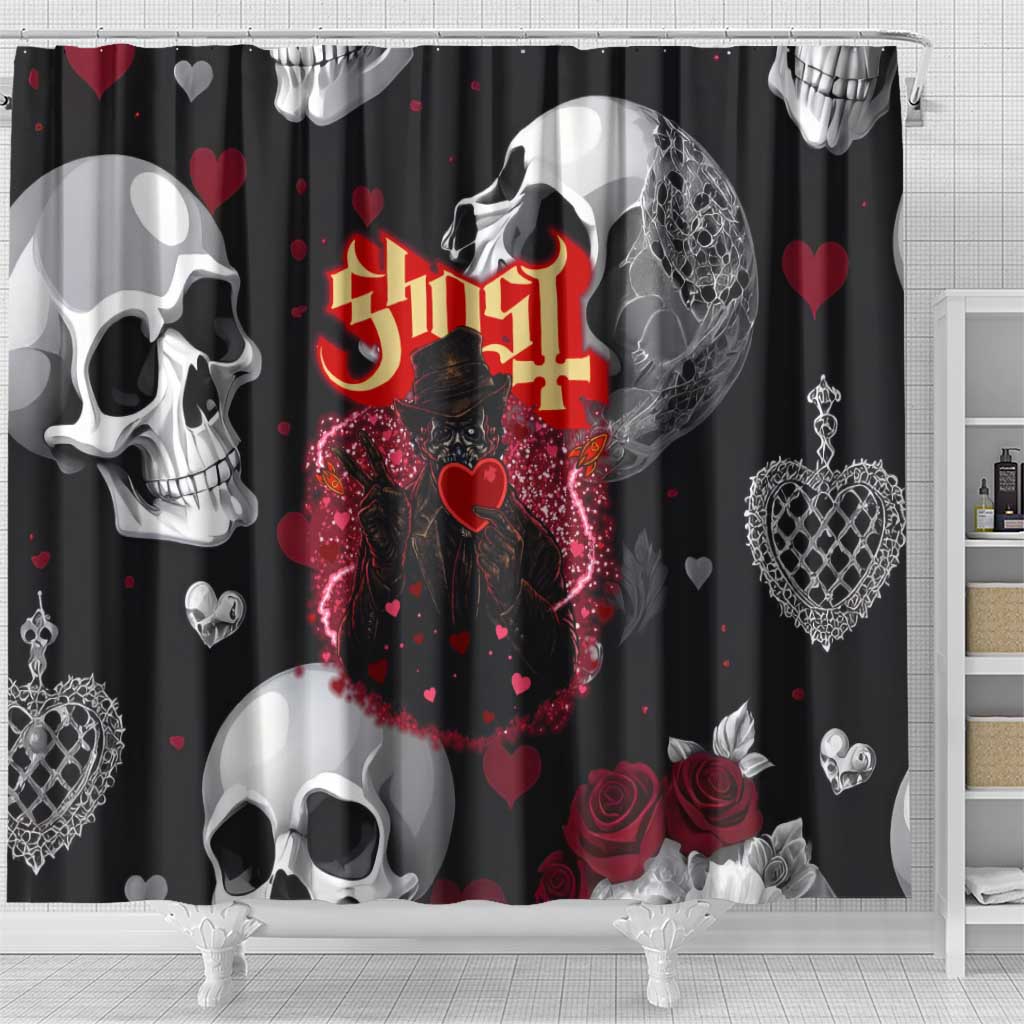 Ghost Valentine Shower Curtain with Rockets Skull Heart Pattern