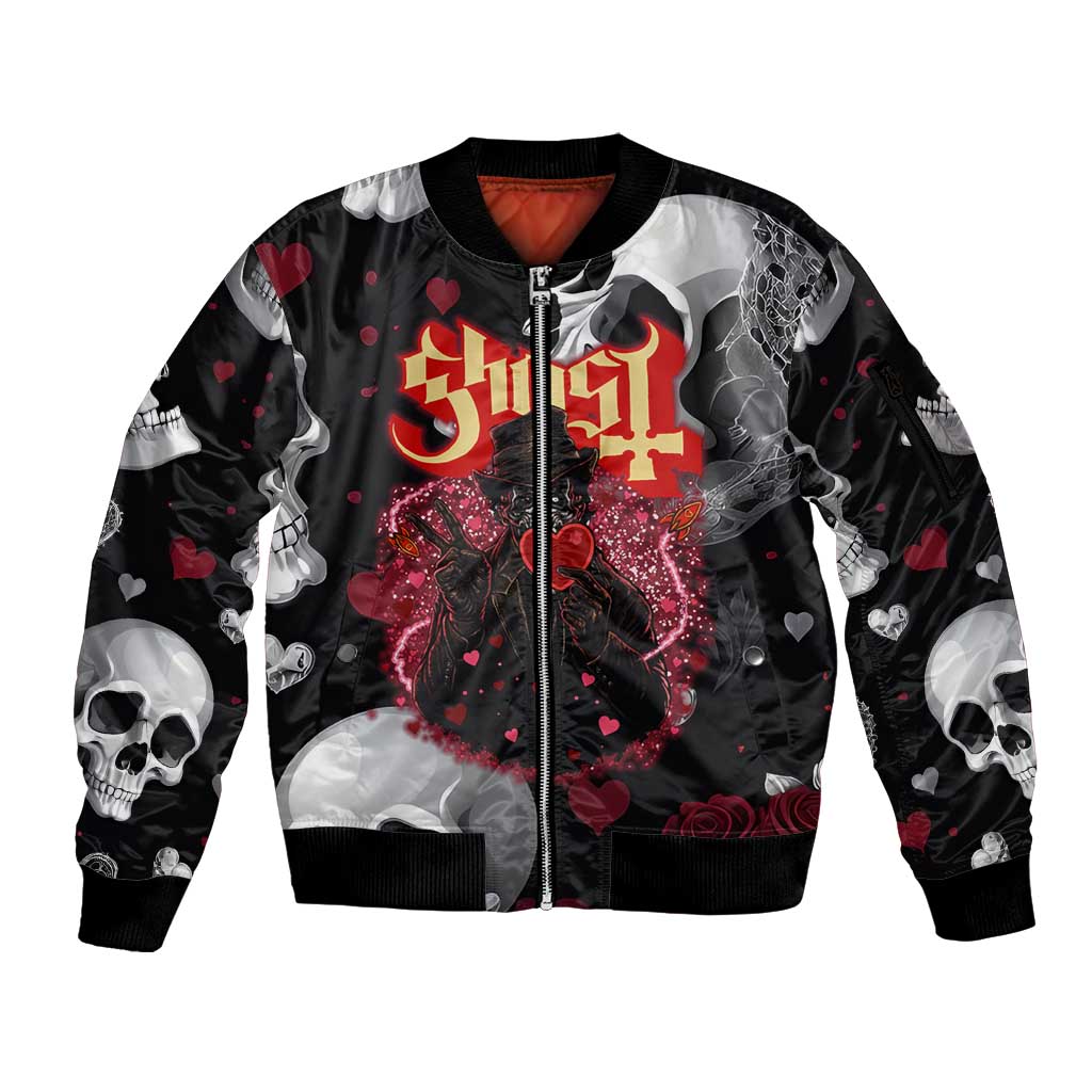 Ghost Valentine Sleeve Zip Bomber Jacket with Rockets Skull Heart Pattern